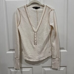 Veronica Beard Jeans Ivory Waffle Knit Henley Top XS Long Sleeve Contrast Stitch